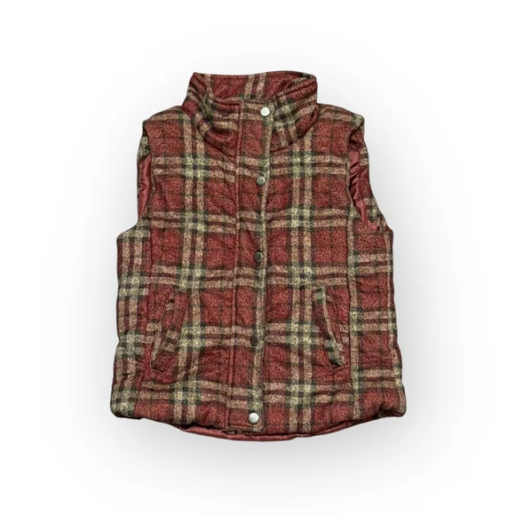 Vanilla Bay Women's Plaid Puffer Size Small Red Beige Quilted Snap Front - Picture 5 of 6